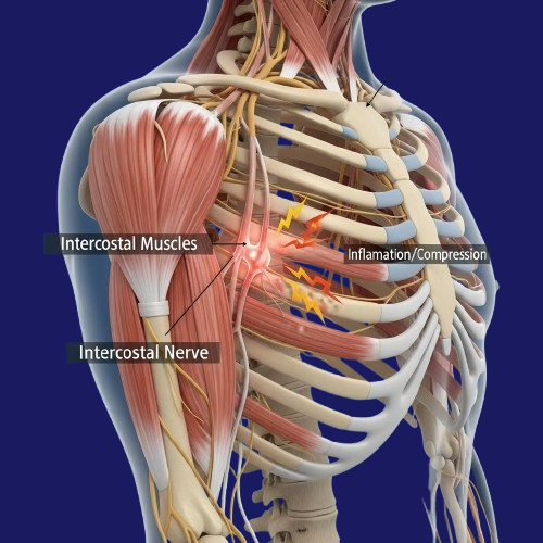 Illustration of intercostal neuralgia showing nerve pain in chest and ribs